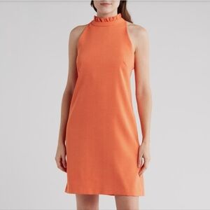 Sleeveless Ruffle-Neck Shift Dress in Tangerine